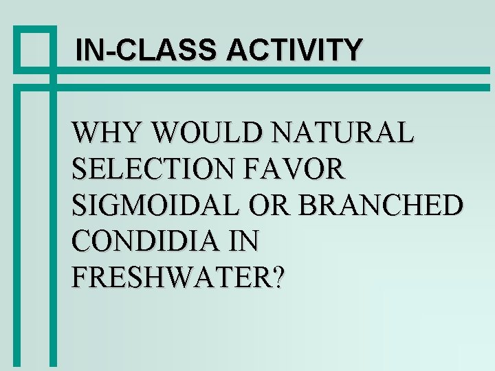 IN-CLASS ACTIVITY WHY WOULD NATURAL SELECTION FAVOR SIGMOIDAL OR BRANCHED CONDIDIA IN FRESHWATER? 