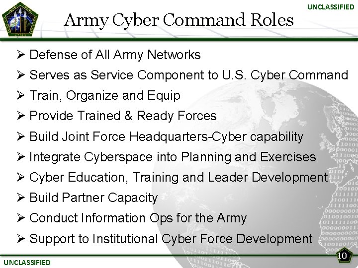 Army Cyber Command Roles UNCLASSIFIED Ø Defense of All Army Networks Ø Serves as