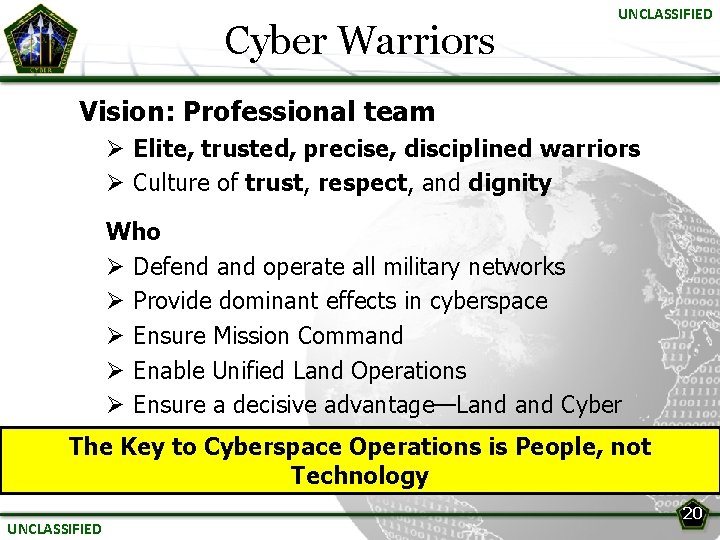 Cyber Warriors UNCLASSIFIED Vision: Professional team Ø Elite, trusted, precise, disciplined warriors Ø Culture