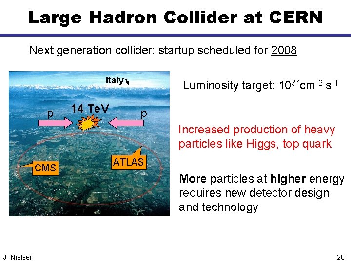 Large Hadron Collider at CERN Next generation collider: startup scheduled for 2008 Italy p