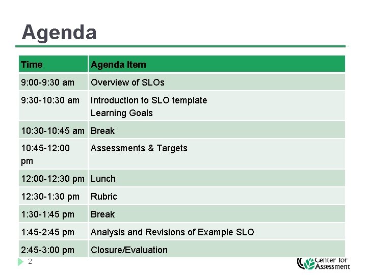 Agenda Time Agenda Item 9: 00 -9: 30 am Overview of SLOs 9: 30