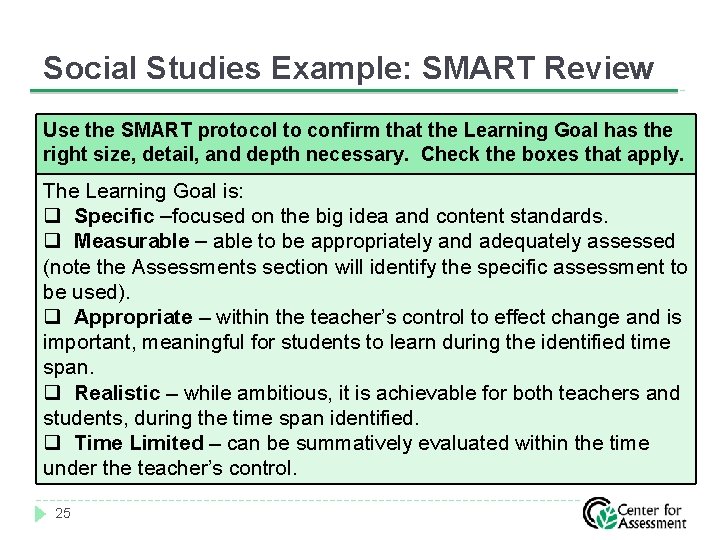 Social Studies Example: SMART Review Use the SMART protocol to confirm that the Learning