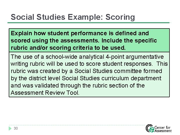 Social Studies Example: Scoring Explain how student performance is defined and scored using the