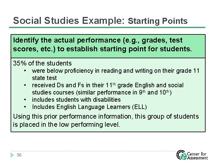 Social Studies Example: Starting Points Identify the actual performance (e. g. , grades, test