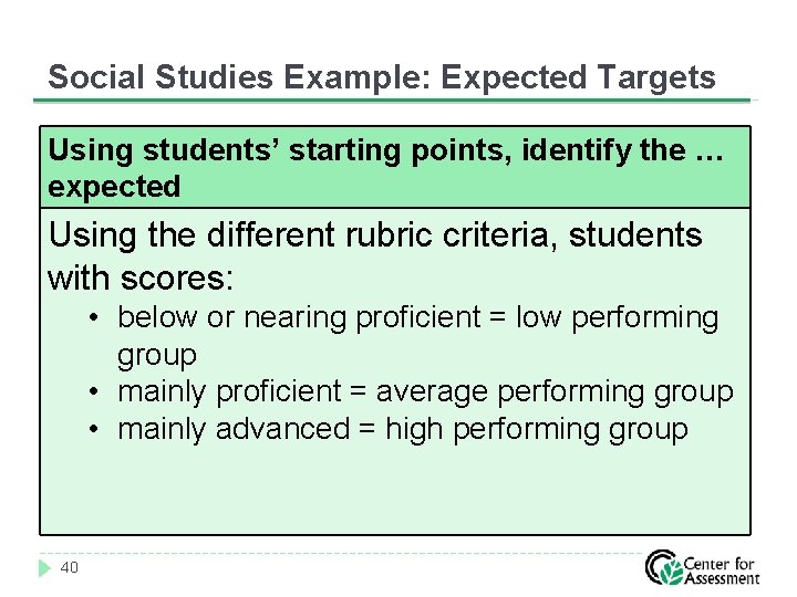 Social Studies Example: Expected Targets Using students’ starting points, identify the … expected Using