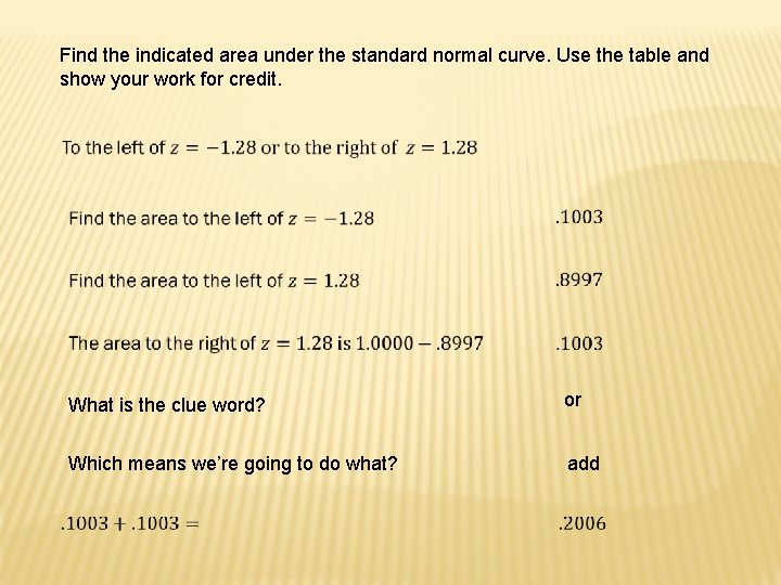 Find the indicated area under the standard normal curve. Use the table and show