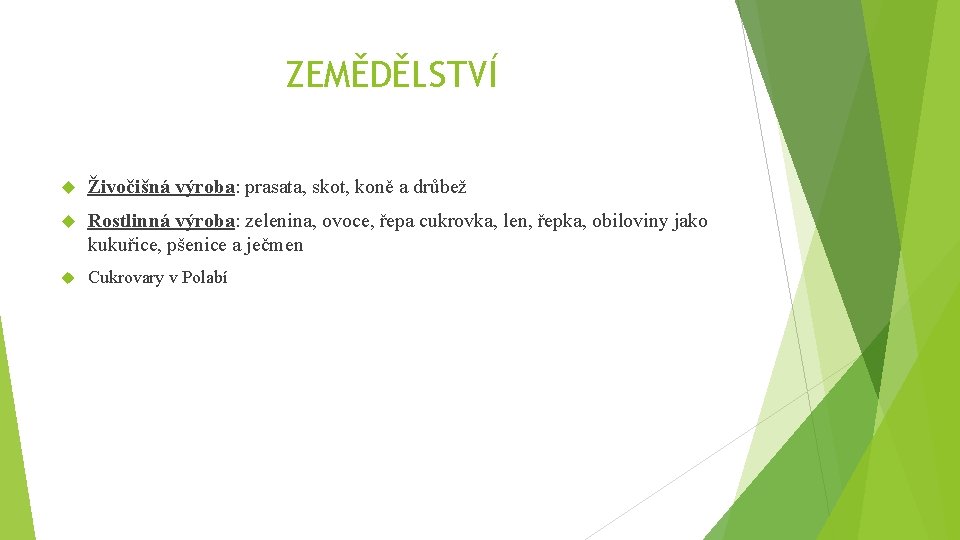 ZEMĚDĚLSTVÍ Živočišná výroba: prasata, skot, koně a drůbež Rostlinná výroba: zelenina, ovoce, řepa cukrovka,