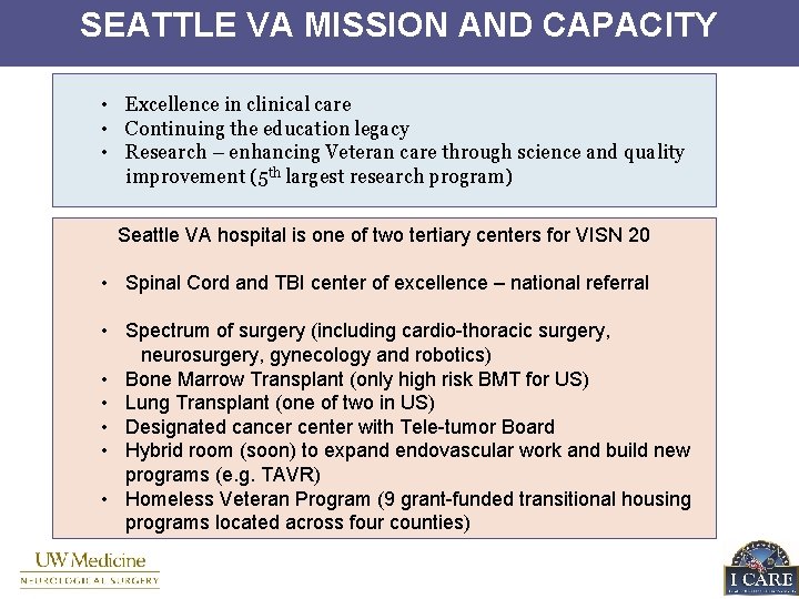 SEATTLE VA MISSION AND CAPACITY -Excellence in clinical care • Excellence in clinical care