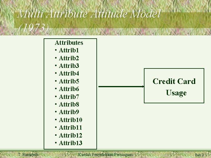 Multi Attribute Attitude Model (1973) Attributes • Attrib 1 • Attrib 2 • Attrib