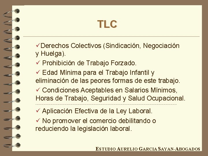 TLC üDerechos Colectivos (Sindicación, Negociación y Huelga). ü Prohibición de Trabajo Forzado. ü Edad