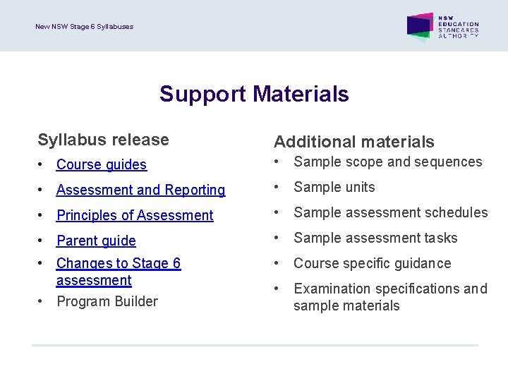 New NSW Stage 6 Syllabuses Support Materials Syllabus release Additional materials • Course guides
