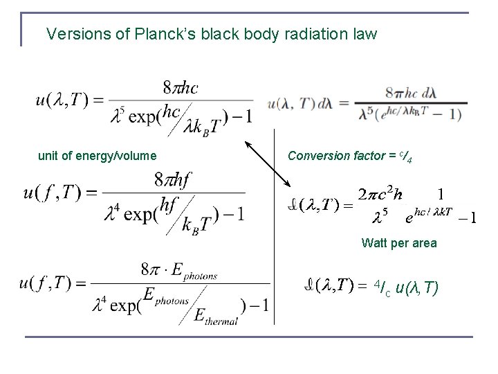 Versions of Planck’s black body radiation law unit of energy/volume Conversion factor = c/4