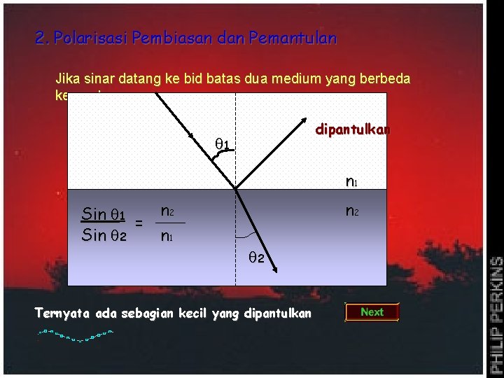 2. Polarisasi Pembiasan dan Pemantulan Jika sinar datang ke bid batas dua medium yang