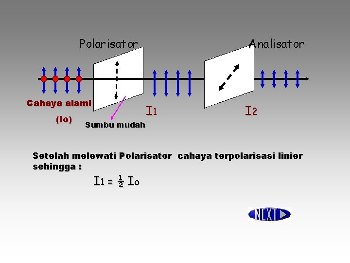 Polarisator Cahaya alami (Io) Sumbu mudah Analisator I 1 I 2 Setelah melewati Polarisator