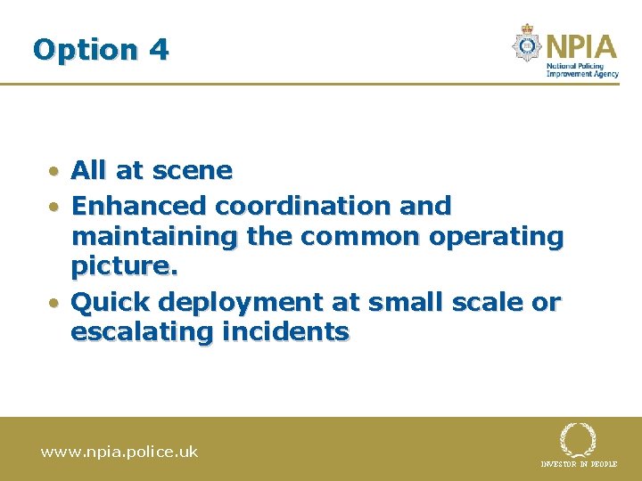 Option 4 • All at scene • Enhanced coordination and maintaining the common operating