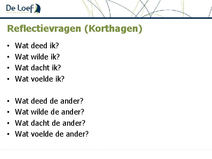 Reflectievragen (Korthagen) • • Wat Wat deed ik? wilde ik? dacht ik? voelde ik?