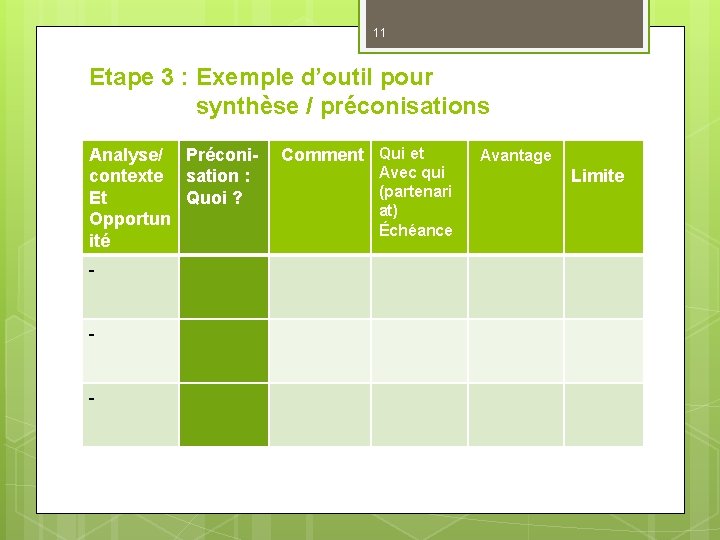 11 Etape 3 : Exemple d’outil pour synthèse / préconisations Analyse/ Préconicontexte sation :