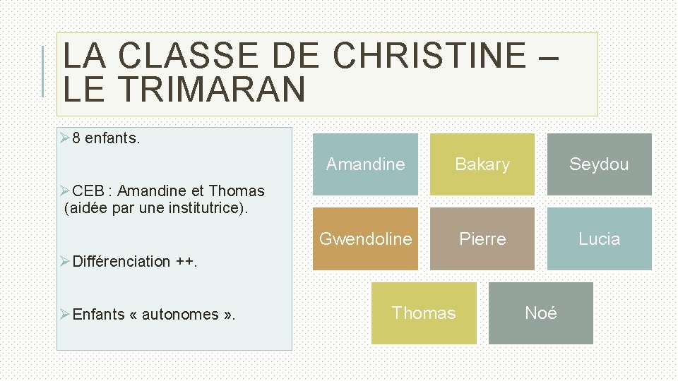 LA CLASSE DE CHRISTINE – LE TRIMARAN Ø 8 enfants. Amandine Bakary Seydou Gwendoline