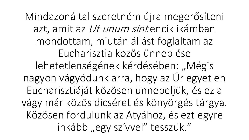 Mindazonáltal szeretném újra megerősíteni azt, amit az Ut unum sint enciklikámban mondottam, miután állást