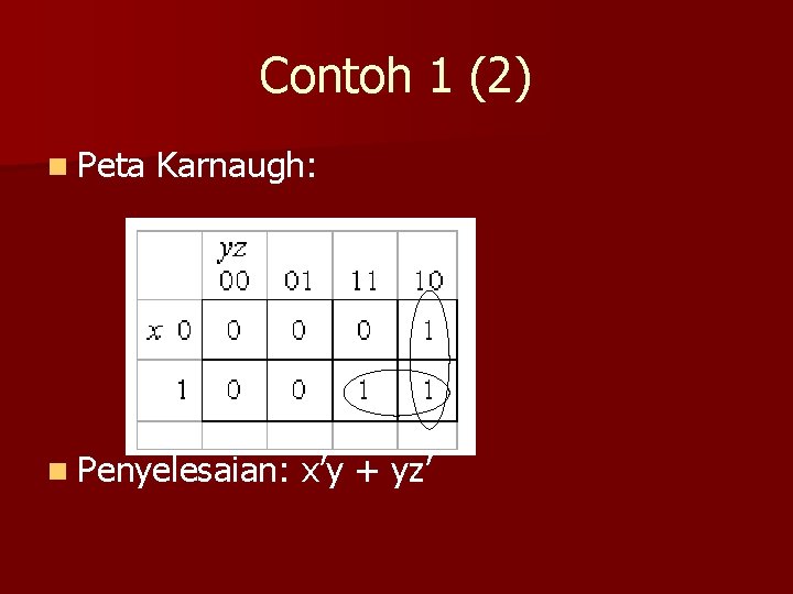 Contoh 1 (2) n Peta Karnaugh: n Penyelesaian: x’y + yz’ 
