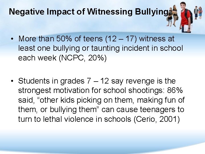 Negative Impact of Witnessing Bullying: • More than 50% of teens (12 – 17)