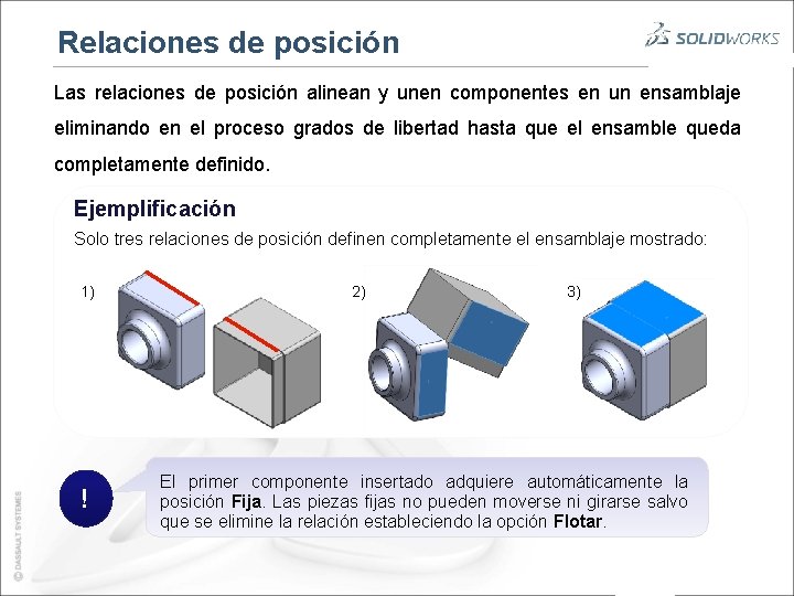 Relaciones de posición Las relaciones de posición alinean y unen componentes en un ensamblaje