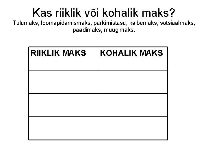 Kas riiklik või kohalik maks? Tulumaks, loomapidamismaks, parkimistasu, käibemaks, sotsiaalmaks, paadimaks, müügimaks. RIIKLIK MAKS