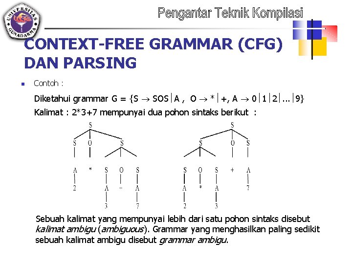CONTEXT-FREE GRAMMAR (CFG) DAN PARSING n Contoh : Diketahui grammar G = {S SOS