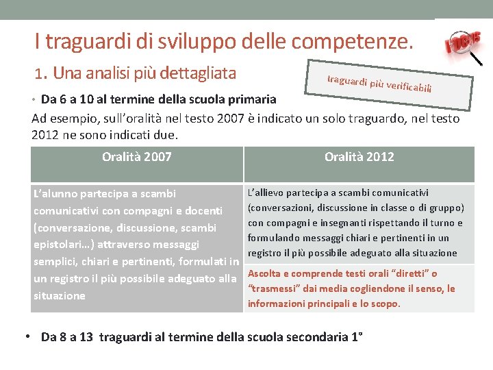  I traguardi di sviluppo delle competenze. 1. Una analisi più dettagliata traguard i
