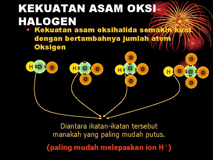 KEKUATAN ASAM OKSI HALOGEN • Kekuatan asam oksihalida semakin kuat dengan bertambahnya jumlah atom