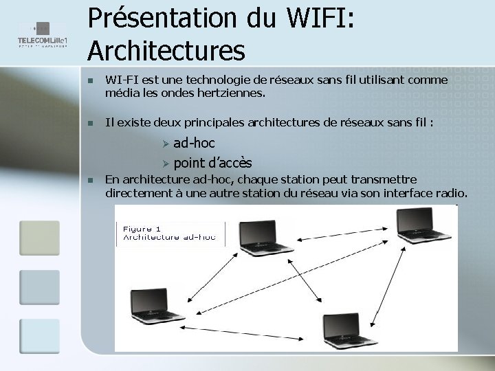 Présentation du WIFI: Architectures n WI-FI est une technologie de réseaux sans fil utilisant