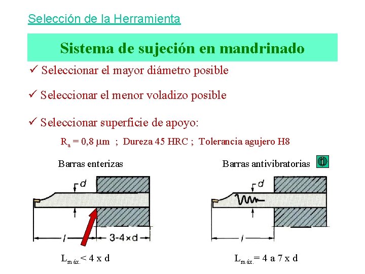Selección de la Herramienta Sistema de sujeción en mandrinado ü Seleccionar el mayor diámetro