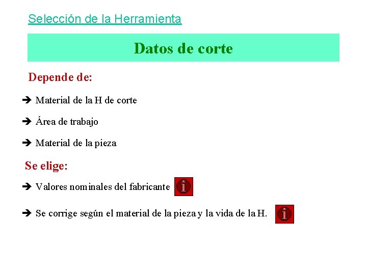 Selección de la Herramienta Datos de corte Depende de: è Material de la H