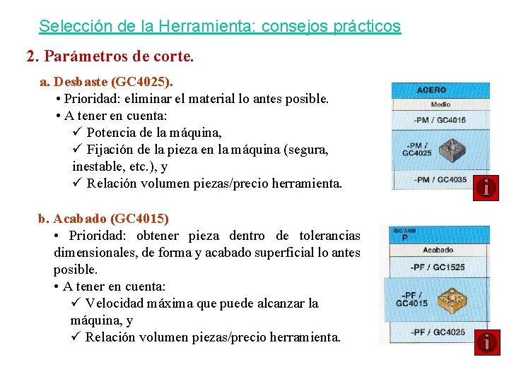 Selección de la Herramienta: consejos prácticos 2. Parámetros de corte. a. Desbaste (GC 4025).