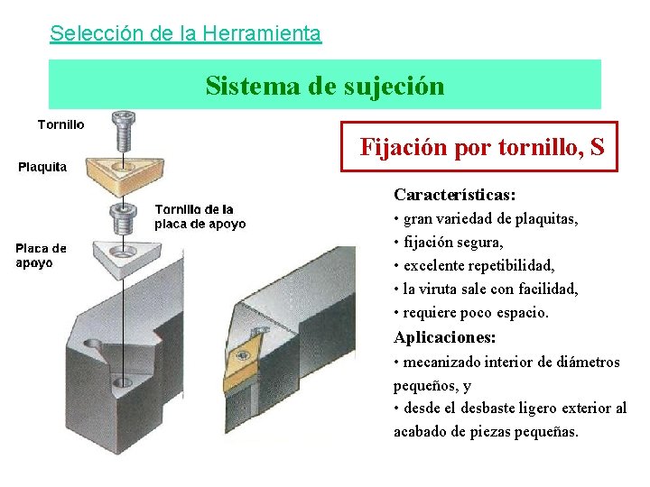 Selección de la Herramienta Sistema de sujeción Fijación por tornillo, S Características: • gran