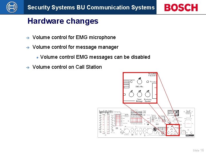 Security Systems BU Communication Systems Hardware changes è Volume control for EMG microphone è