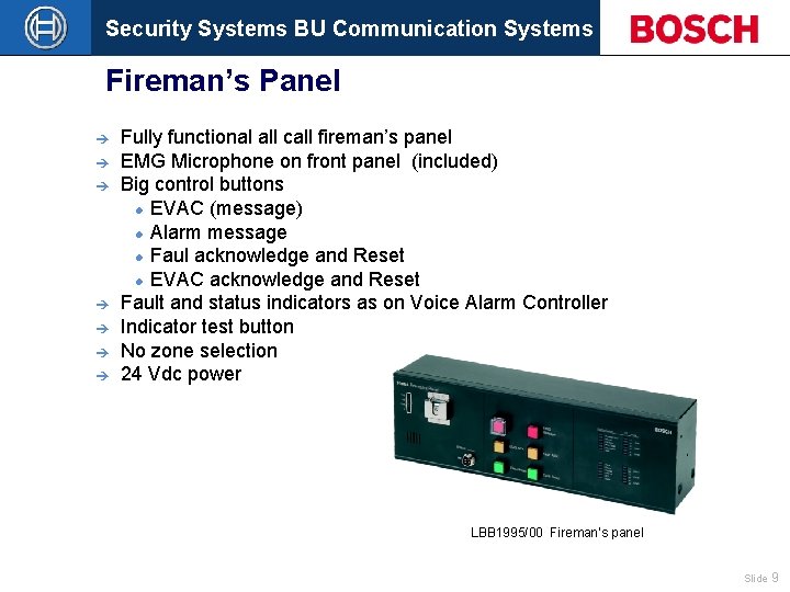 Security Systems BU Communication Systems Fireman’s Panel è è è è Fully functional all