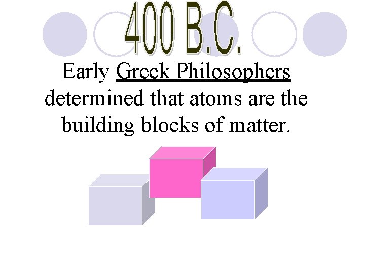 Early Greek Philosophers determined that atoms are the building blocks of matter. 