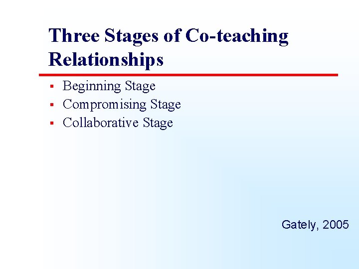 Three Stages of Co-teaching Relationships § § § Beginning Stage Compromising Stage Collaborative Stage