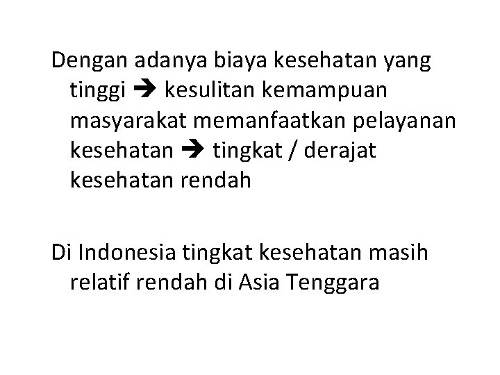 Dengan adanya biaya kesehatan yang tinggi kesulitan kemampuan masyarakat memanfaatkan pelayanan kesehatan tingkat /