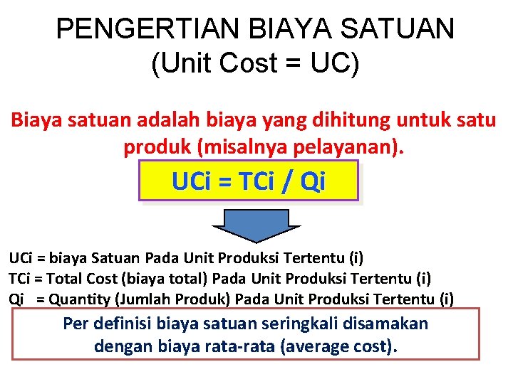 PENGERTIAN BIAYA SATUAN (Unit Cost = UC) Biaya satuan adalah biaya yang dihitung untuk