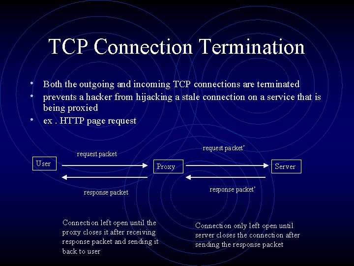 TCP Connection Termination • Both the outgoing and incoming TCP connections are terminated •