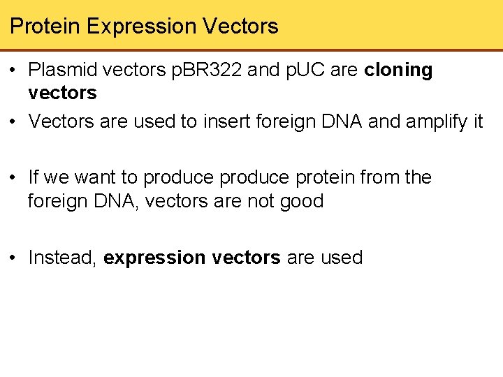Protein Expression Vectors • Plasmid vectors p. BR 322 and p. UC are cloning