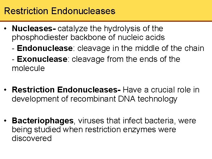 Restriction Endonucleases • Nucleases- catalyze the hydrolysis of the phosphodiester backbone of nucleic acids