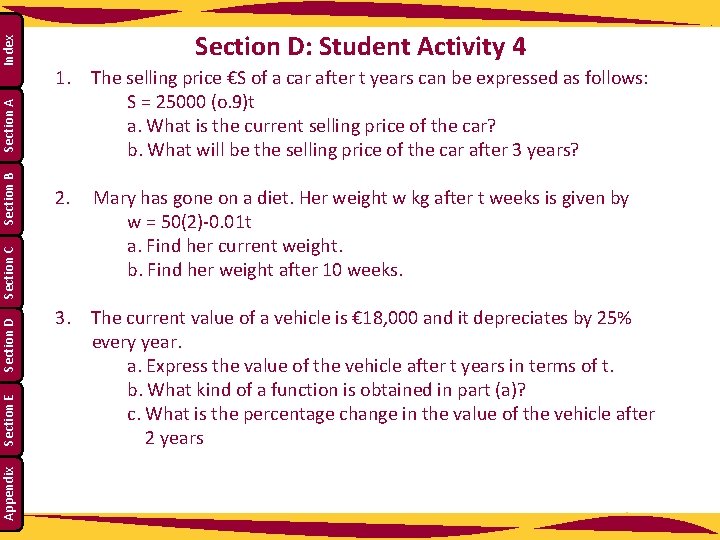 Index Section A Section B Section C Section D Section E Appendix Section D: