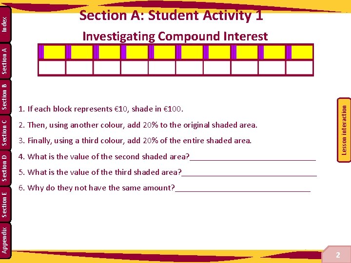 Investigating Compound Interest Appendix Section E 1. If each block represents € 10, shade