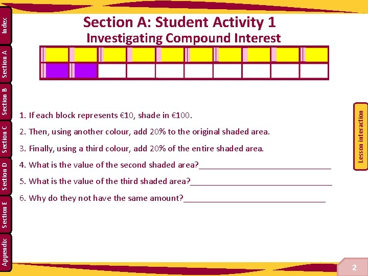 Investigating Compound Interest Appendix Section E 1. If each block represents € 10, shade