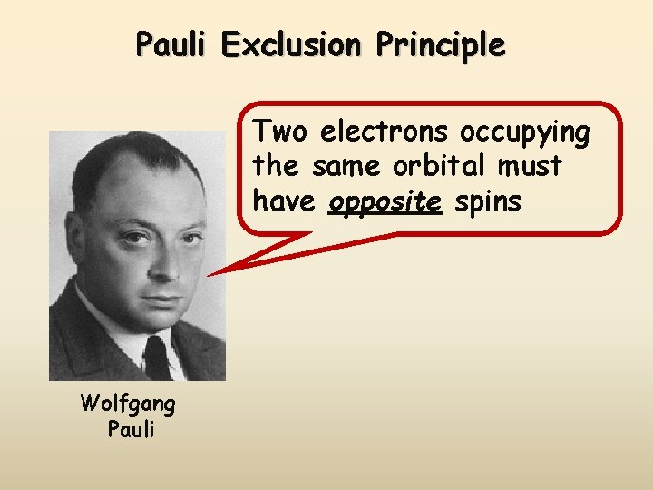 Pauli Exclusion Principle Two electrons occupying the same orbital must have opposite spins Wolfgang