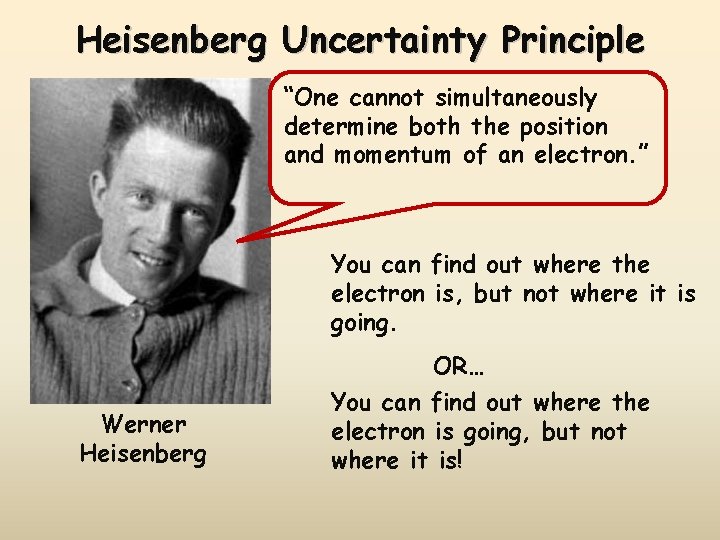 Heisenberg Uncertainty Principle “One cannot simultaneously determine both the position and momentum of an