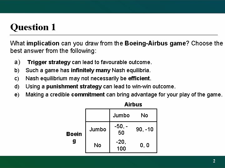 Question 1 What implication can you draw from the Boeing-Airbus game? Choose the best